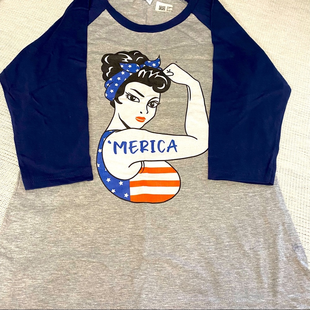 4th of July Rosie the Riveter ‘Merica T-Shirt Raglan Sleeve Small